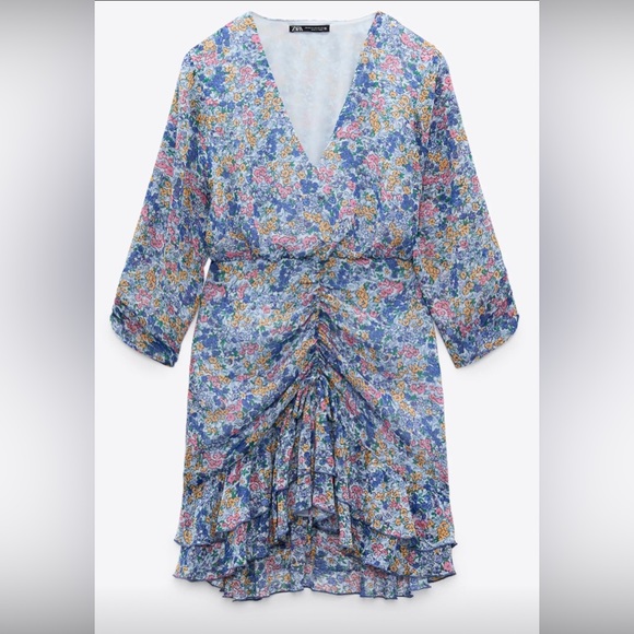 Zara dress. Floral chiffon shirred, ruffled bottom - Picture 2 of 8